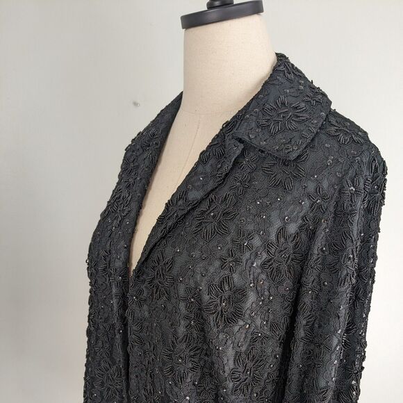 Vintage Topper Jacket Blazer M Black 60s French Lace Silk Beaded Evening Formal - Picture 6 of 7